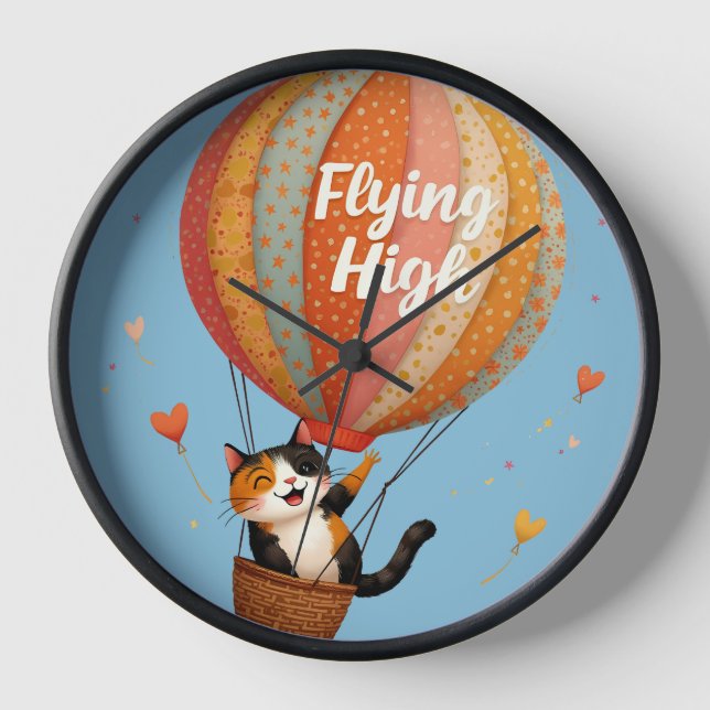 Cute Cat Hot Air Balloon Whimsical Art Clock (Front)
