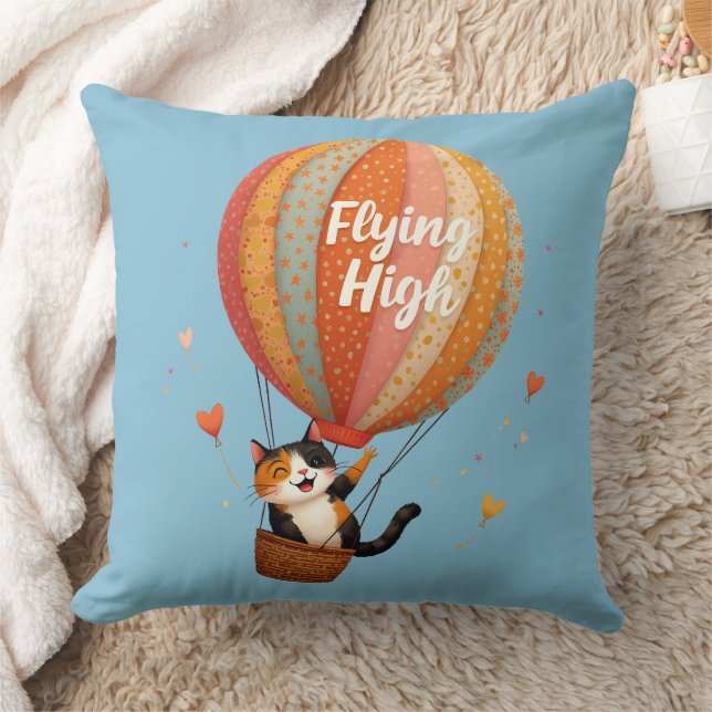 Cute Cat Hot Air Balloon Whimsical Art Cushion (Blanket)