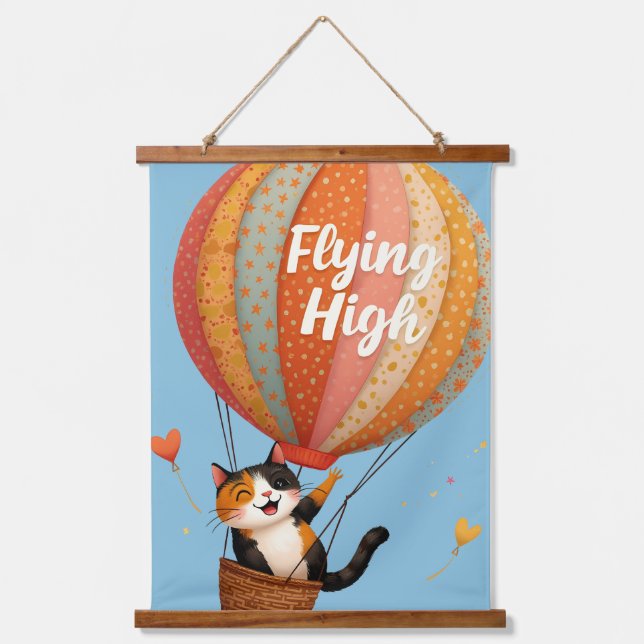 Cute Cat Hot Air Balloon Whimsical Art Hanging Tapestry (Front)