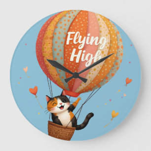 Cute Cat Hot Air Balloon Whimsical Art Large Clock