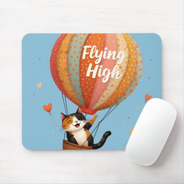 Cute Cat Hot Air Balloon Whimsical Art Mouse Mat (With Mouse)