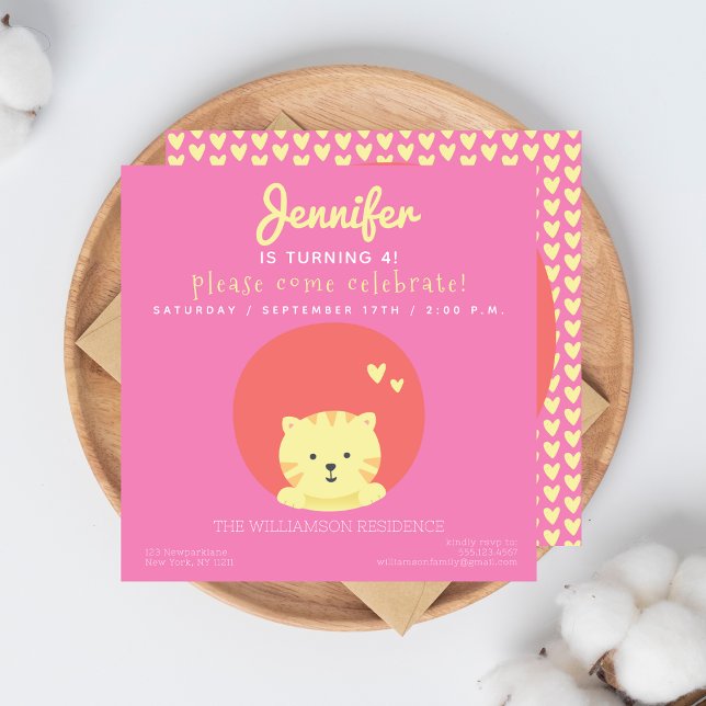 Cute Cat - Hot Pink Kids Birthday Party Invitation (Creator Uploaded)