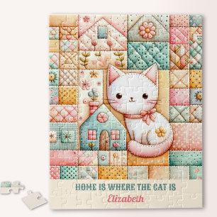 Cute Cat House Quilt Patchwork Pastel Custom Name Jigsaw Puzzle