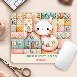 Cute Cat House Quilt Patchwork Pastel Custom Name Mouse Mat