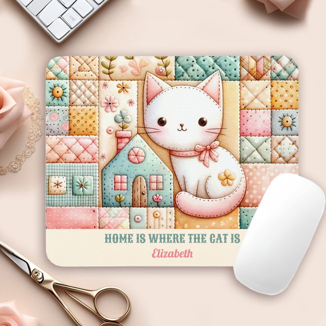 Cute Cat House Quilt Patchwork Pastel Custom Name Mouse Mat (Cute Cat House Quilt Patchwork Pastel Custom Name Mouse Pad)
