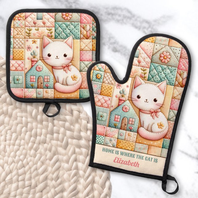 Cute Cat House Quilt Patchwork Pastel Custom Name Oven Mitt & Pot Holder Set (Cute Cat House Quilt Patchwork Pastel Custom Name Oven Mitt & Pot Holder Set)