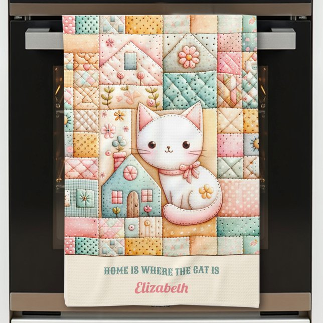 Cute Cat House Quilt Patchwork Pastel Custom Name Tea Towel (Cute Cat House Quilt Patchwork Pastel Custom Name Kitchen Towel)