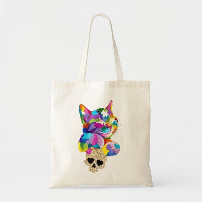 Cute Cat Hug Skull for kitten lovers Colourful Art Tote Bag (Front)