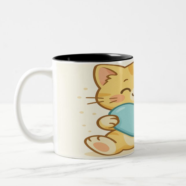 Cute Cat Hugging Blue Heart Two-Tone Coffee Mug (Left)