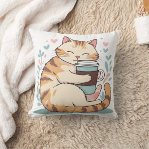 Cute Cat Hugging Coffee Cup   Whimsical Throw Pill Cushion