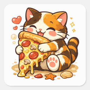 Cute Cat Hugging Pizza   Funny Food Cat Design Square Sticker