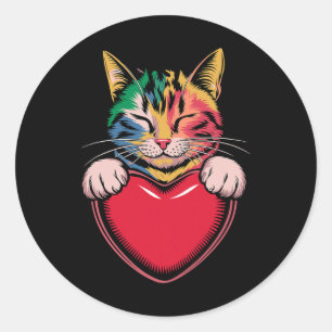 Cute Cat Hugging Valentine Heart Kitty Love Cat Classic Round Sticker