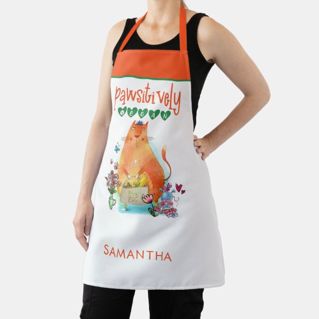 Cute Cat Humour Pawsitively Vegan Name White Apron (Insitu)