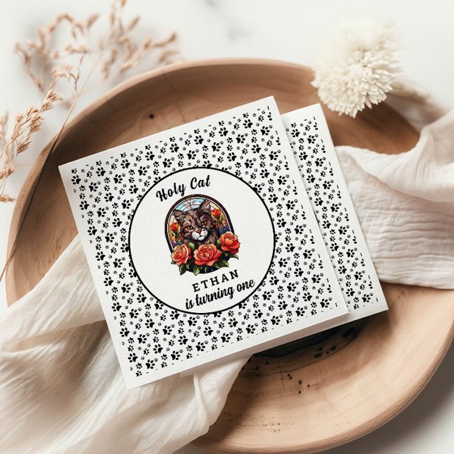 cute Cat I’m One! Cute Cat Girl 1st Birthday Napkin (Creator Uploaded)