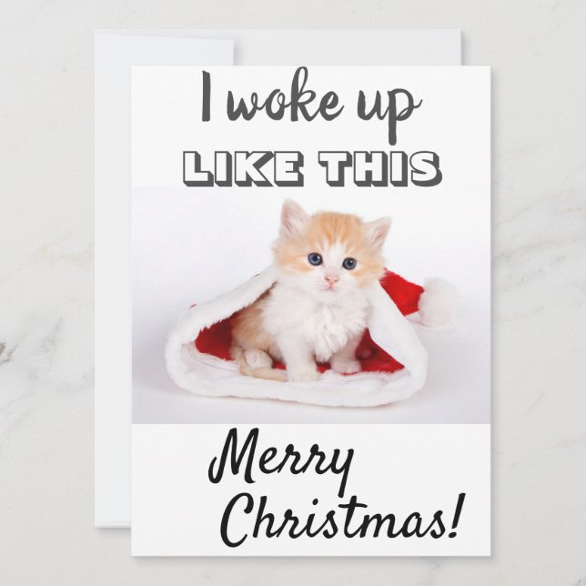 Cute Cat I woke up...Red Photo Holiday Card (Front)