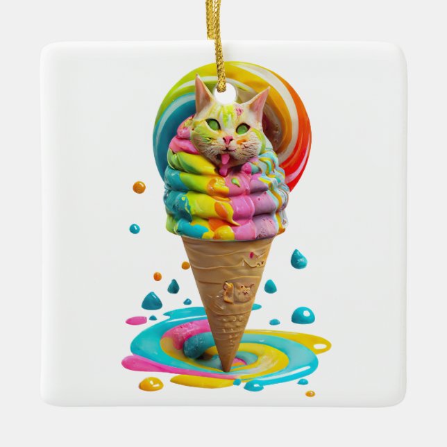 Cute Cat Ice Cream Cone colourful Ceramic Ornament (Front)