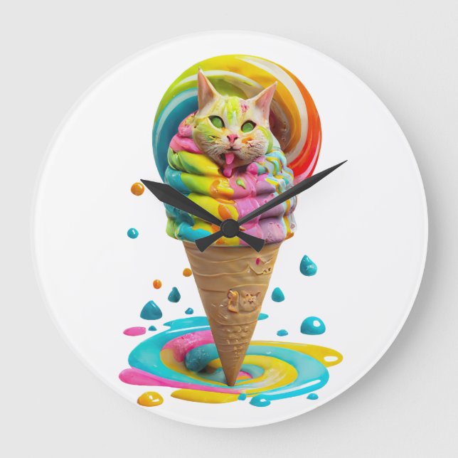 Cute Cat Ice Cream Cone colourful Large Clock (Front)