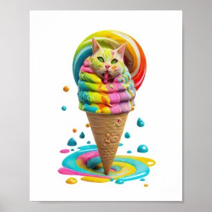 Cute Cat Ice Cream Cone colourful Poster
