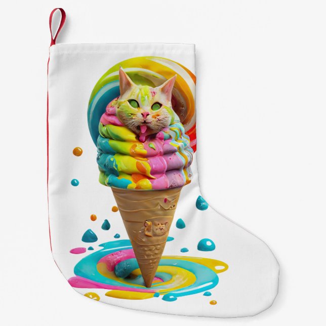Cute Cat Ice Cream Cone colourful Small Christmas Stocking (Front)