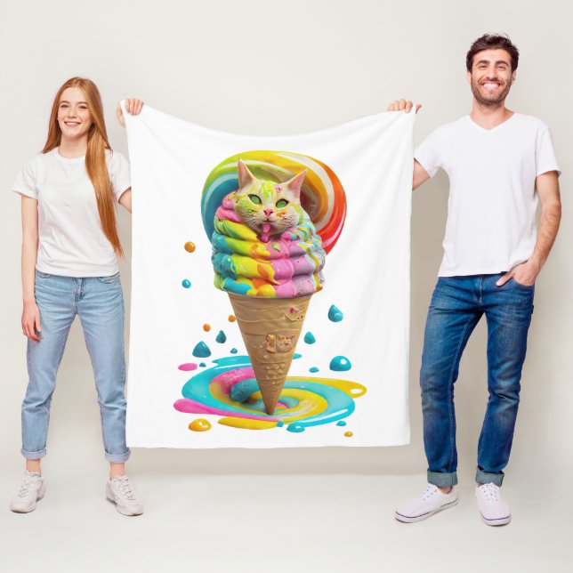 Cute Cat Ice Cream Cone colourful Throw Pillow Fleece Blanket (In Situ)