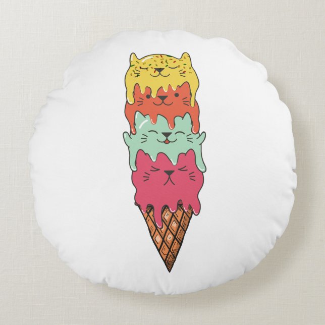 Cute Cat Ice Cream | Kawaii Kittens Round Cushion (Front)