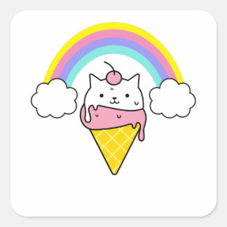 cute cat ice cream rainbow - rainbow square sticker