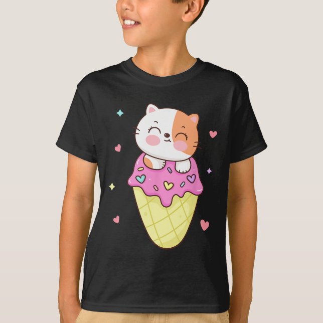 Cute Cat Ice Cream Shirt Anime Kawaii Kids Teen Gi (Front)