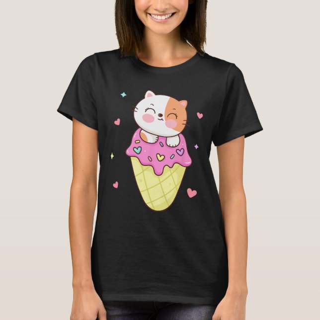 Cute Cat Ice Cream Shirt Anime Kawaii Kids Teen Gi (Front)