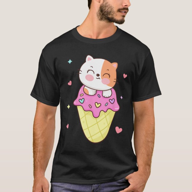Cute Cat Ice Cream Shirt Anime Kawaii Kids Teen Gi (Front)