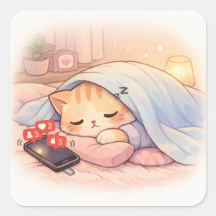 Cute Cat Ignoring Phone Introvert Antisocial Humor Square Sticker