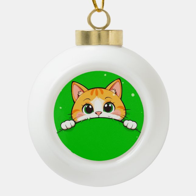 Cute Cat Illustration Ceramic Ball Christmas Ornament (Front)