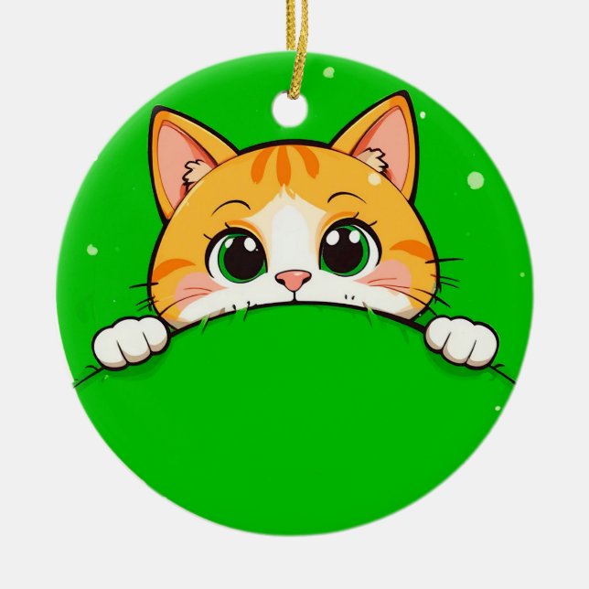 Cute Cat Illustration Ceramic Tree Decoration (Front)