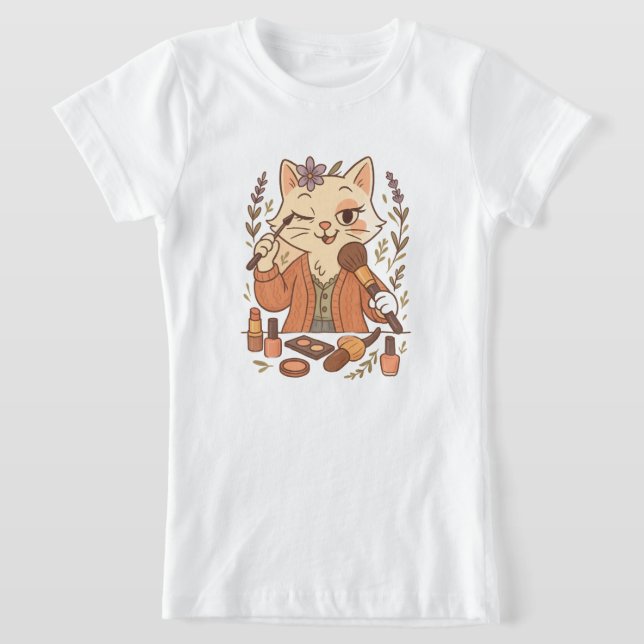 Cute Cat Illustration – Kitty Doing Makeup T-Shirt (Laydown)