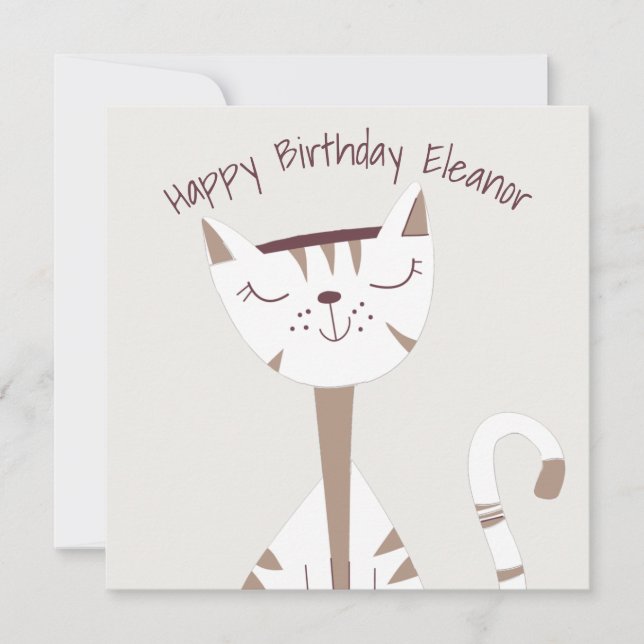 Cute Cat Illustration Name Happy Birthday card (Front)