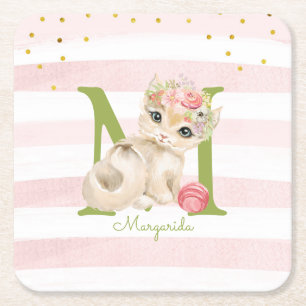 Cute Cat Illustration White Pink Stripes Girl Kids Square Paper Coaster
