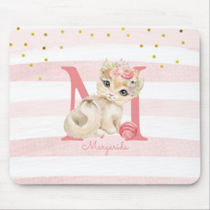 Cute Cat Illustration White Pink Stripes Kids Girl Mouse Mat