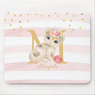 Cute Cat Illustration White Pink Stripes Kids Mouse Mat