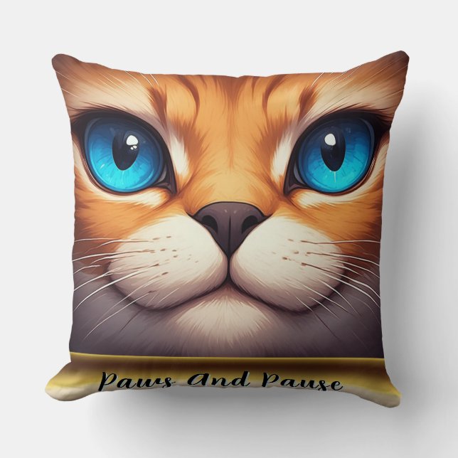Cute Cat Illustration With Bright Blue Eyes Cushion (Front)