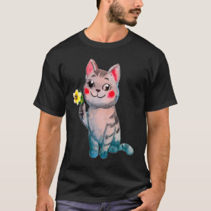 Cute Cat Ilustration And Daffodil March Birth Mont T-Shirt