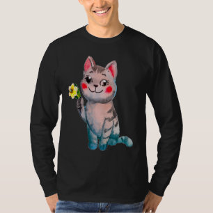 Cute Cat Ilustration And Daffodil March Birth Mont T-Shirt