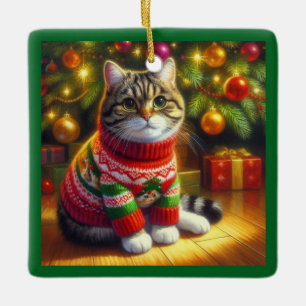 Cute  Cat in a Christmas Sweater  Ceramic Ornament