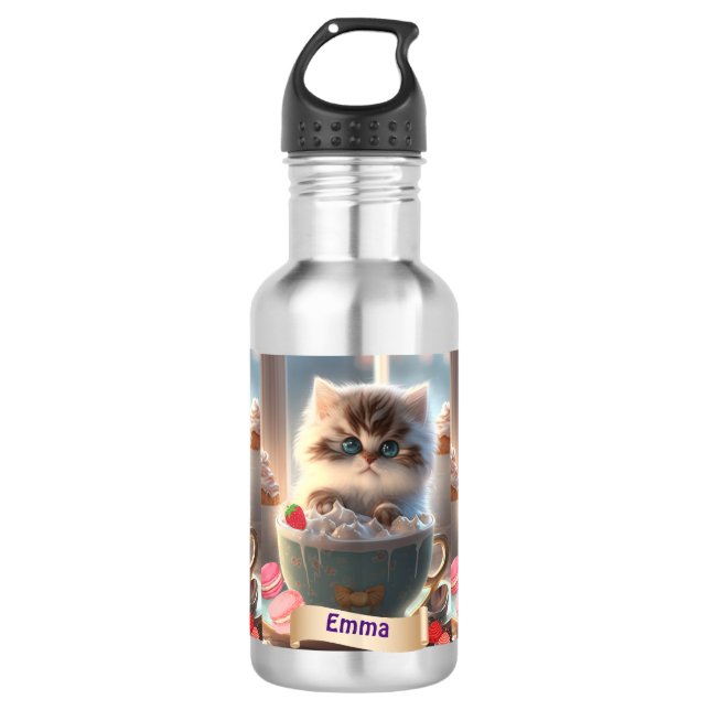 Cute Cat in a Cup Personalised Name Kids  532 Ml Water Bottle (Front)