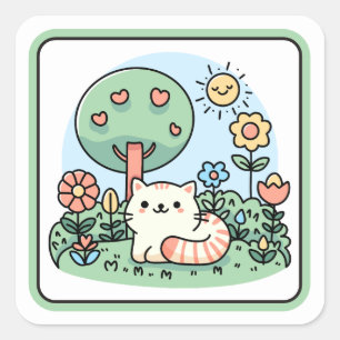 Cute Cat In A Garden Doodle Art Square Sticker