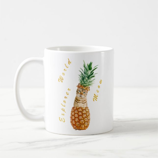 Cute Cat in a Pineapple world Explorer Meow Coffee Mug (Left)