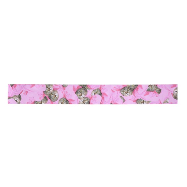 Cute Cat in a Pink Cap Pattern Satin Ribbon (Front)