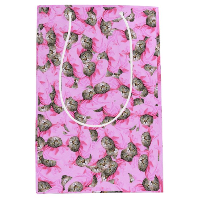 Cute Cat in a Pink Cap Pattern Wrapping Paper Medium Gift Bag (Front)