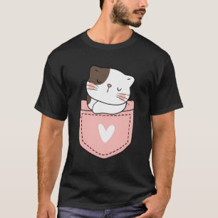 Cute Cat In A Pink Pocket - Girls Pocket Cat T-Shirt