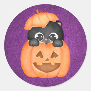Cute Cat In a Pumpkin Purple Halloween Classic Round Sticker