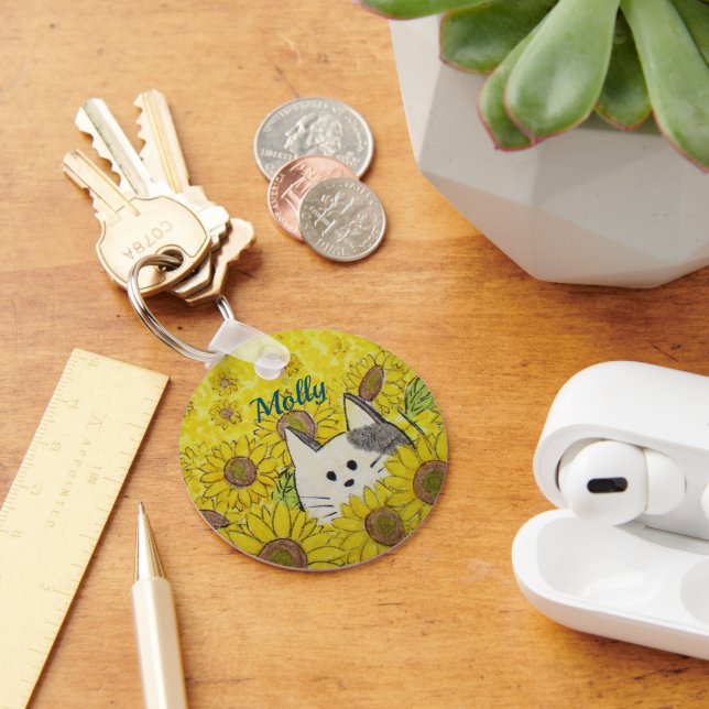 Cute Cat in a Sunflower Field Key Ring (Desk)