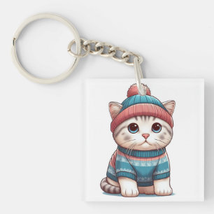 Cute Cat in a sweater and beanie Key Ring